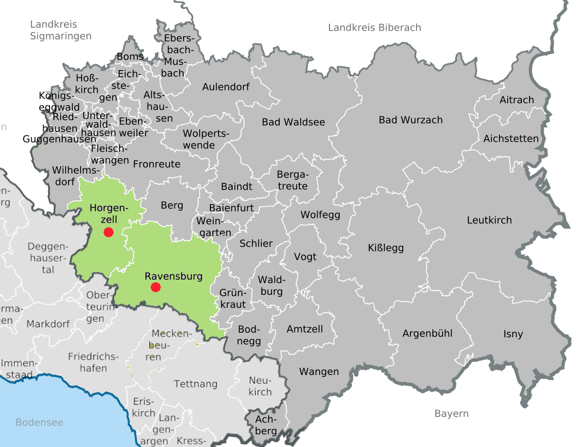 Landkarte Ravensburg mit Markierung der Bereiche für den sonderpädagogischen Dienst